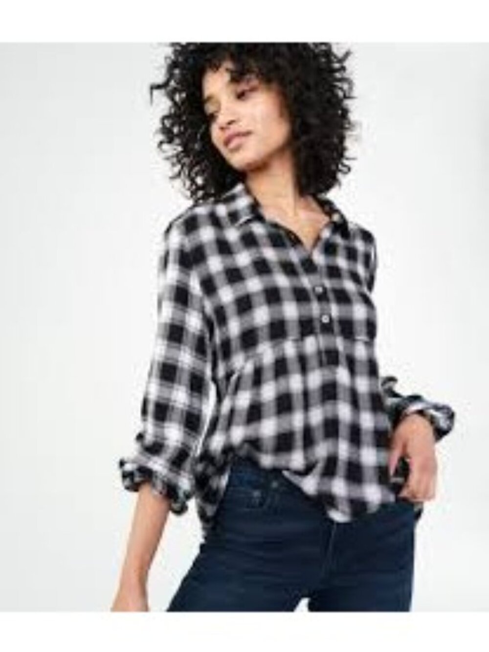 Aeropostale Women Black White Plaid Baby doll 1/4 Button Shirt XL Rayon